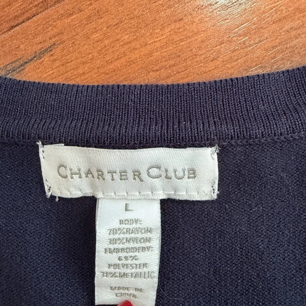 Charter Club women's navy blue bee collection embroidered cardigan Sz L - Picture 4 of 7